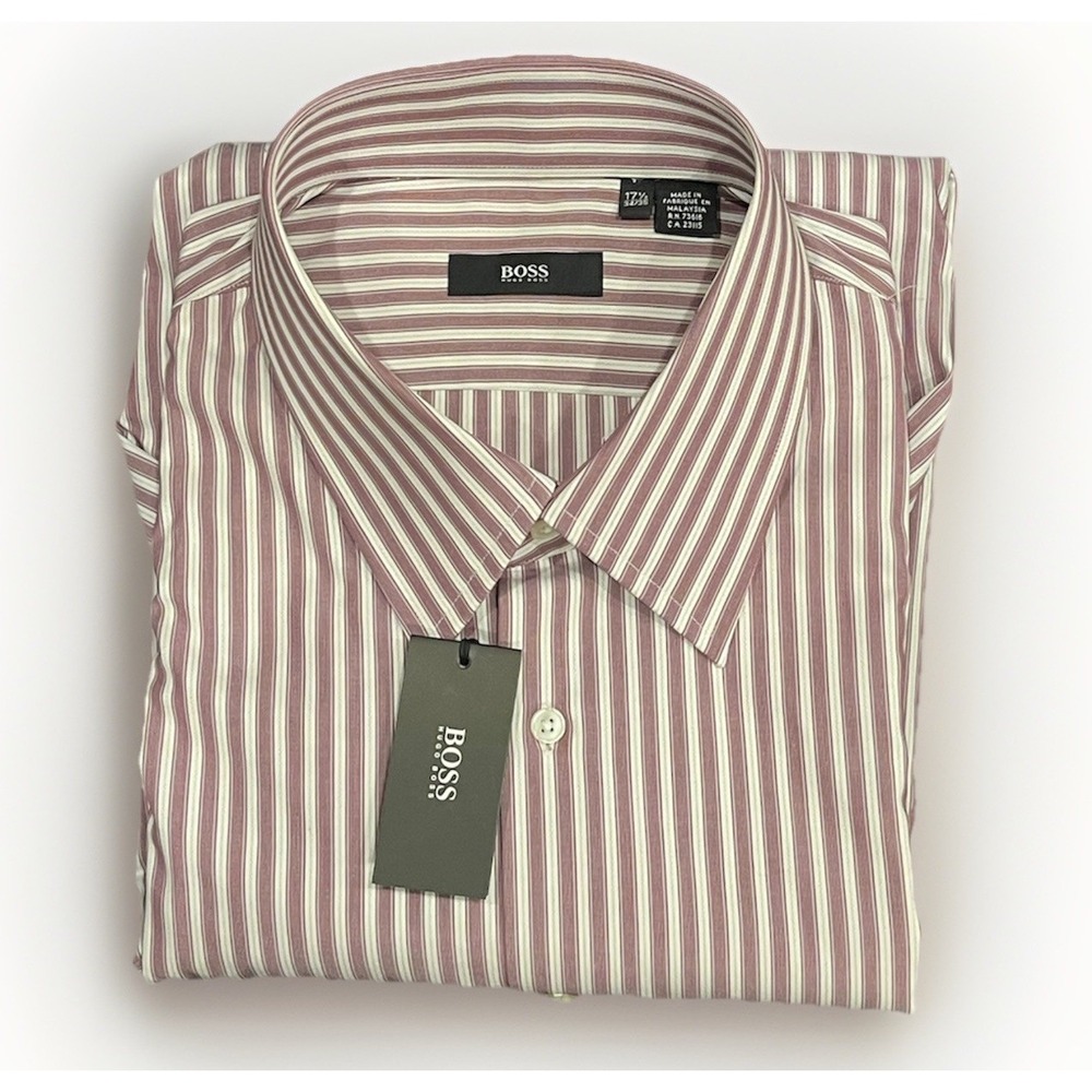 NWT Hugo Boss Mens 17.5 34/35 Pink Geometric Striped Long Sleeve Dress‎ Shirt